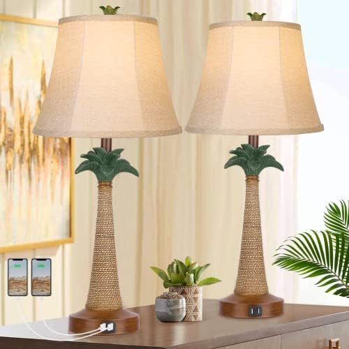 Juego De 2 Lámparas De Mesa Con Palmera Costera Con 2 Puerto