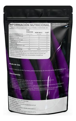 Beta Alanina 60 Cápsulas Fórmula Vital +rendimiento Sin Sabor