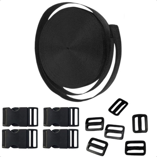 Fita Cadarço 20mm 10m + 10 Fecho Fivela 10 Reguladores Preto