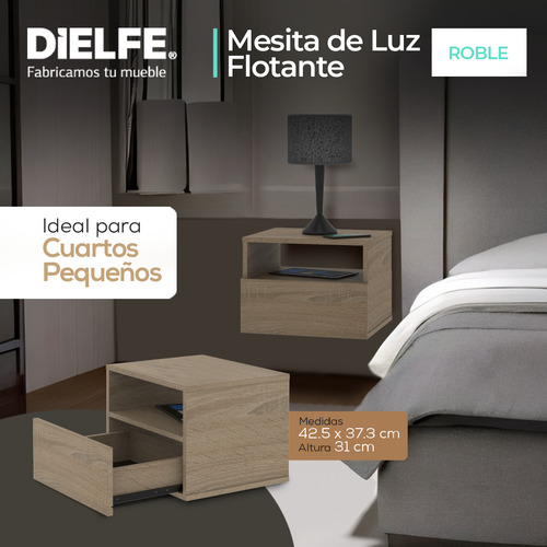 Mesa De Luz Flotante Mesita Con Cajon Y Estante Moderna Dielfe MLF040 Color Roble Bardolino