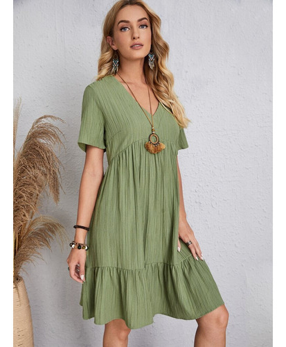 Vestido Corto Liso Holgado De Manga Corta Con Cuello En V