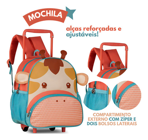 Mochila Rodinha Pets Girafa 13 Clio Style Infantil Menino Menina Criança Zoo Amarelo Laranja Azul