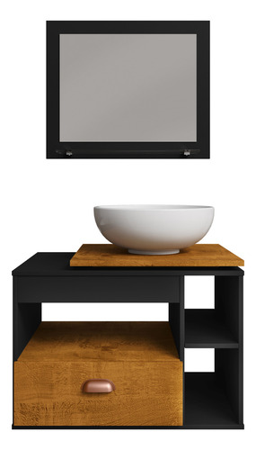 Neloja Conjunto Armario Para Banheiro Paris Kit Banheiro Com Cuba Gabinete Premium Moderno Suspenso Cor Preto/nature