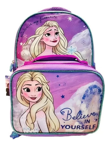 Mochila Escolar Con Lonchera Frozen Disney Intek Color Morado Diseño De La Tela Liso