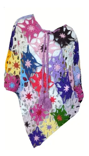 Colorido Poncho Calado Tejido Mano Crochet Talle Xxxl Mujer