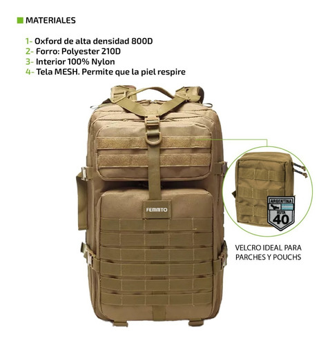 Imagen 4 de 9 de Mochila Tactica Femmto De 40 Litros Camping Mochilero Viaje