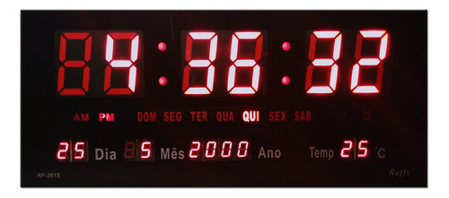 Relógio Digital Led Parede 36x15cm Preto Com Termômetro