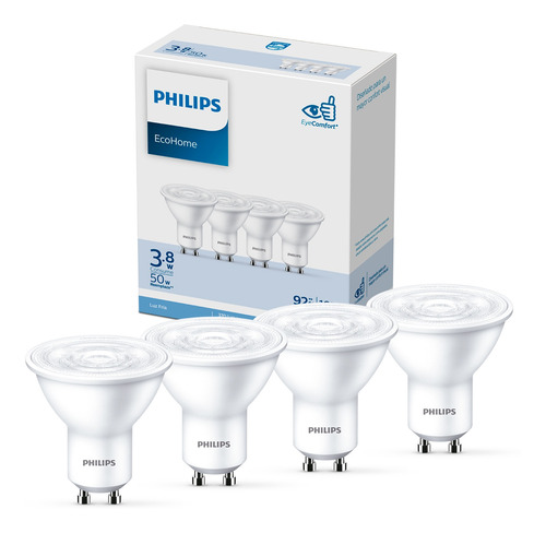 Pack 4 Ampolletas Led Philips Gu10 3.8w Luz Fria