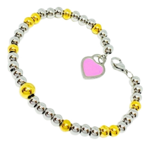 Pulsera Acero Quirurgico De Bolitas Con Dije Corazon Aqp 001