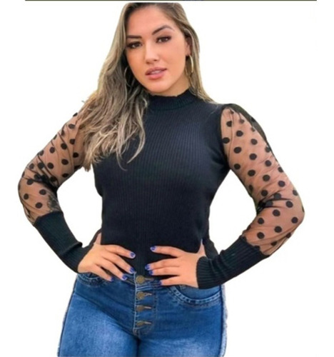 Imagem 3 de 10 de 8 Blusas Feminina Gola Alta Manga Tule