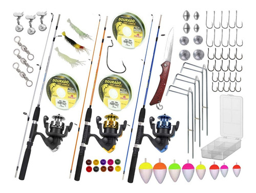 Kit Pescador Iniciante C/ 3 Varas 1,50m + 3 Molinete