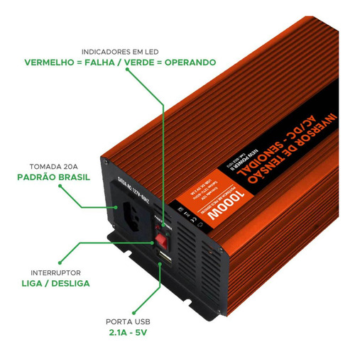 Green 002-0013 Inversor De Tensão Senoidal 12V 1000W USB 5V 2.1A - 127V