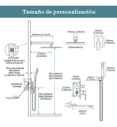Sistema de Ducha Mumian 226BK Regadera Cuadrada Mate Tipo Lluvia Cabezal de Mano Alta Presión Color Negro