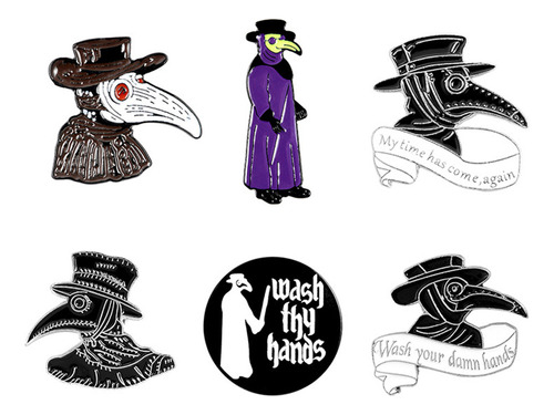 Juego De 6 Broches Con Placa Esmaltada Plague Doctor Crow