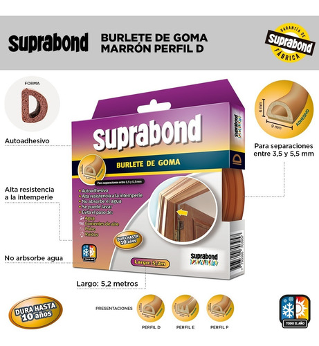 Imagen 2 de 10 de Burlete Autoadhesivos De Goma Perfil D Color Marrón