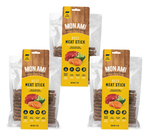 Mon Ami Snack Palito Beef Meat Stick Carne 200g Pack X3