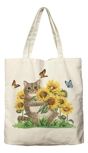 Bolsa De Lona Con Diseño De Girasoles De Gato Para Mujeres, 