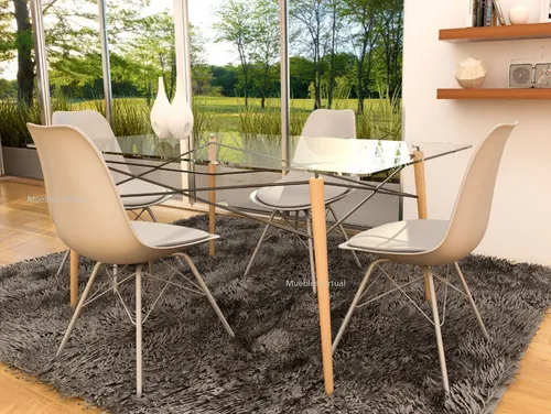 Mesa Rectangular 1.40 Eames Vidrio Templado Patas De Madera