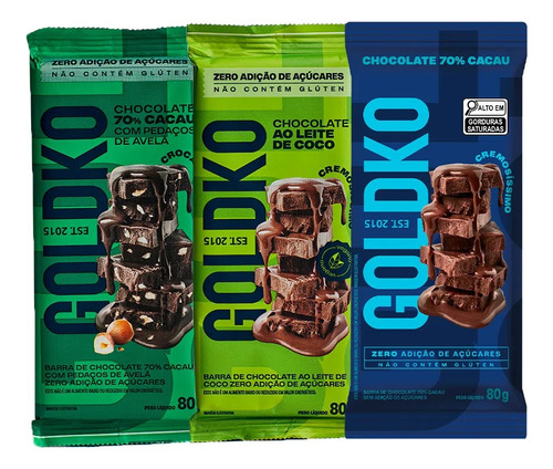 Kit Goldko 3 Barras De Chocolate Zero Adição Açúcar 80g