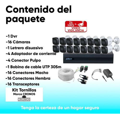 Kit Videovigilancia Cronos 16 Cámaras Dahua Metálicas Bala HFW1500CM-A 5MP Con Audio + Bobina UTP + Accesorios - Kit Cctv KITXVR5104HS4KLI3-16CCC (dvr Dahua XVR5116HS-I3 Circuito Cerrado)
