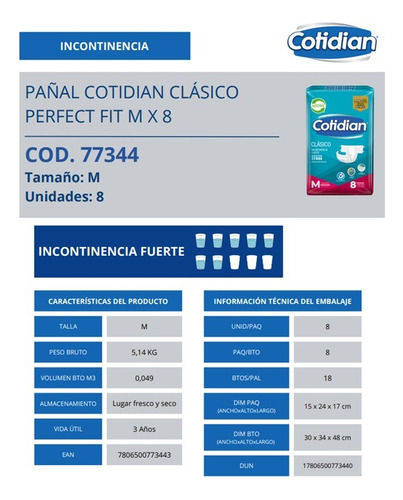 Pañal Adulto Cotidian Clasico Talla M Paquete 8 Un