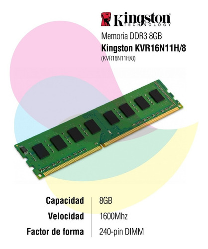 Memoria Kingston Dimm Ddr3 8gb 1600 Mhz Kvr16n11h/8