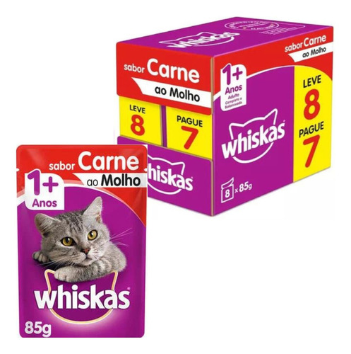 Sachê Whiskas gatos adultos carne ao molho  caixa 8 unidades x85g