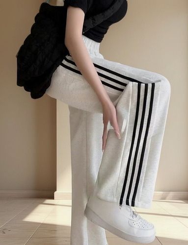 Pantalones Deportivos Anchos A Rayas Grises For Mujer, Pant