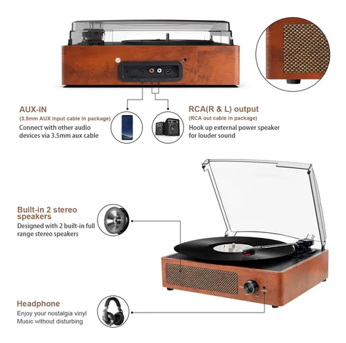 Reproductor De Vinilo Con Bluetooth, Tocadiscos Kedok
