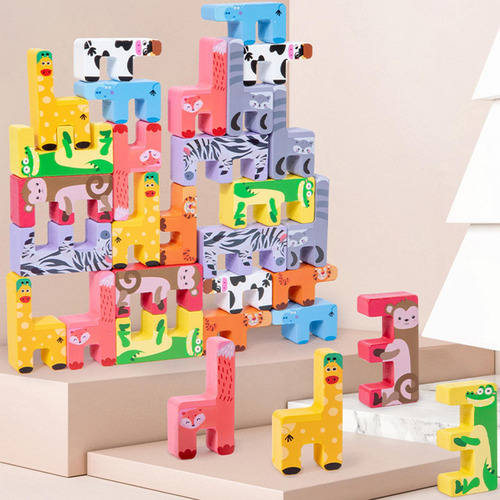 27x Animal Puzzle Stacker Bloques De Construcción De Madera