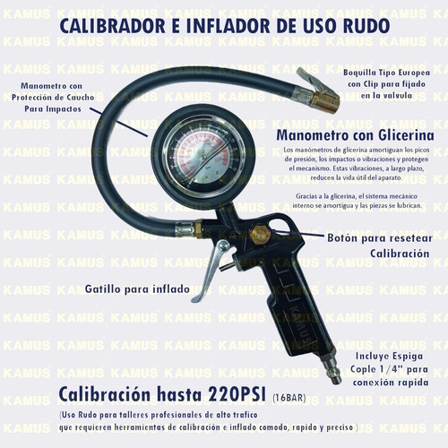 Inflador Y Calibrador De Aire 220 Psi Inflado D Llantas Rudo
