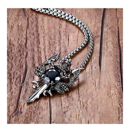 Collar Hombre Dije Cruz Doble Dragon Espada Acero Inox.