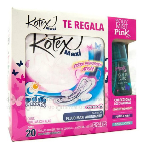 Kotex Kit Toallas Maxi Día / Noches 20 Piezas + Bodi Mist 10