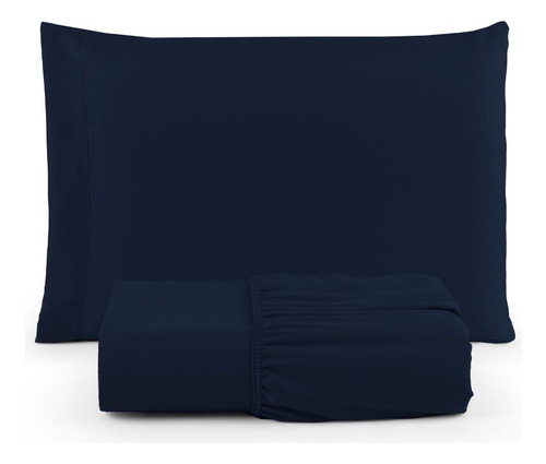 Jogo Roupa Cama Lençol Solteiro 400 Fios 2 Peças Barra Hotel Cor Azul-marinho Desenho Do Tecido Liso