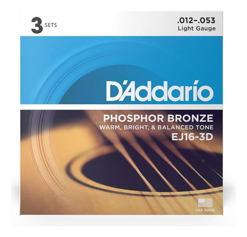 Cuerda de guitarra de acero 0.12 (3 juegos) d'Addario EJ16-3D