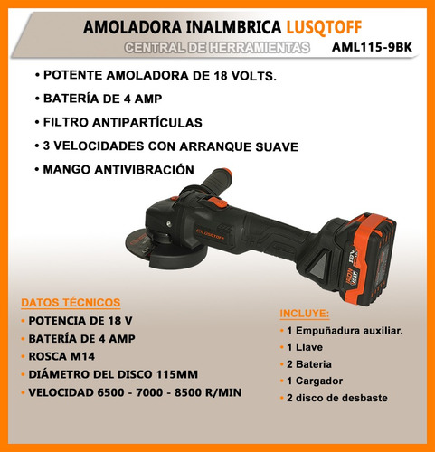 Amoladora Angular Inalambrica Batería 18v 115mlusqtoff