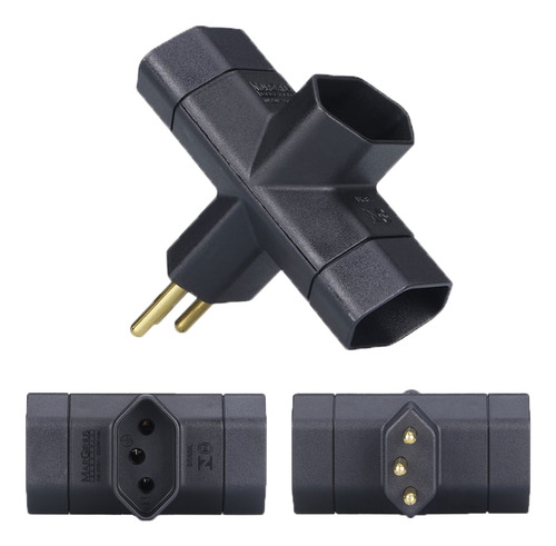 3 Adaptador Plug T Benjamim 3 Pinos 10a Preto Margirius