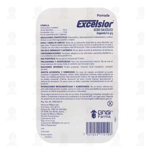 Pomada Excelsior Para Callosidades Y Verrugas Plantares