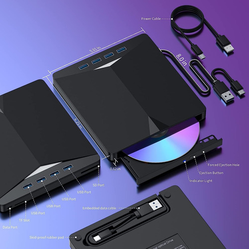 Lectora Externa Grabadora De Dvd/cd Quemador Usb3.0 Y Tipo C Negro Type C / Usb 3.0