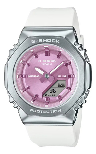 Reloj Casio G-shock Gm-s2110-7a6 Para Mujer. Correa Blanco Bisel Plateado Fondo Lila