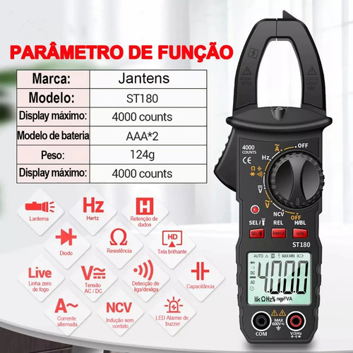 Alicate Amperímetro Digital Minipa ST180 - 600V, Ferramenta para Medição de Energia com Precisão | Capacimetro Digital | Voltimetro Digital | Multimetro digital Multimetro Digital Profissional