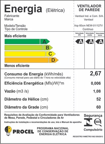 Ventilador Osc Parede 60cm New Preto 220v Premium Ventisol