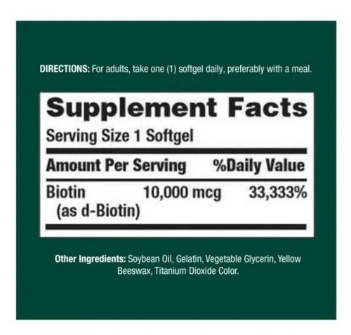 Imagen 4 de 4 de Nature's Bounty Biotina, 10000 Mcg, Suplemento Que Ayuda A Mantener El Cabello, La Piel Y Las Uñas Saludables, Y El Metabolismo Energético, Cápsulas Blandas De Liberación Rápida,