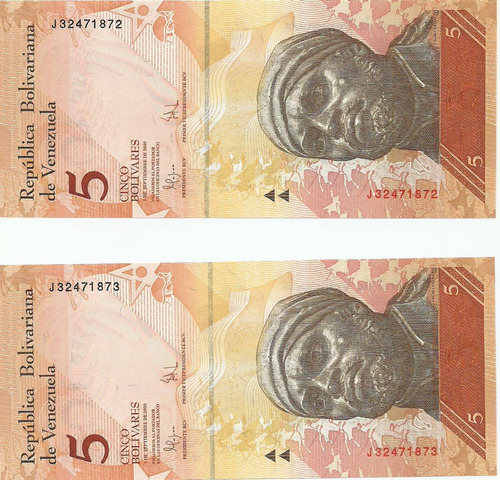 2 Billetes Consecutivos Bsf. 5  - J8 Septiembre 3 2009 