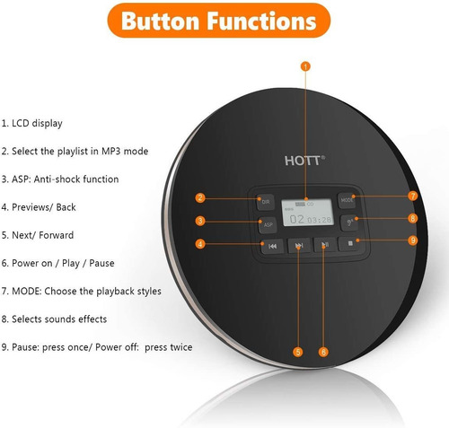 Reproductor De Cd Portatil Hott | Compacto Personal | Negro