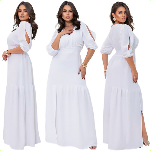 Vestido Longo Fenda Plus Size Maxi Forrado Acinturado Luxo