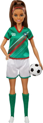 BARBIE Mattel , Muñeca Profesiones, Jugadora de Fútbol con Playera Verde, para Niñas de 3 Años en Adelante, 