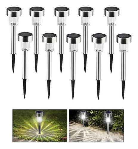 Kit 10 Luminárias Inox Espeto Solar Jardim Decoração 6000k