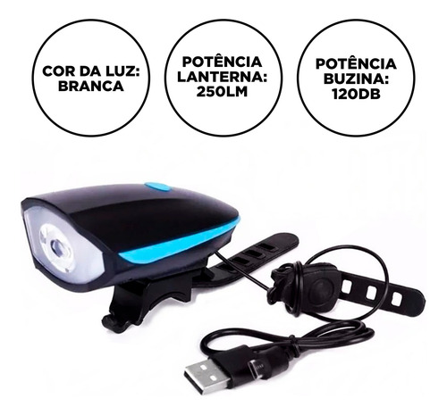 Lanterna Bike Farol Led C/ Buzina Bicicleta Recarregável Usb