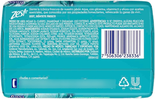 10 Pzs Jabón En Barra Zest Aqua 150g Glicerina Y Vitamina E